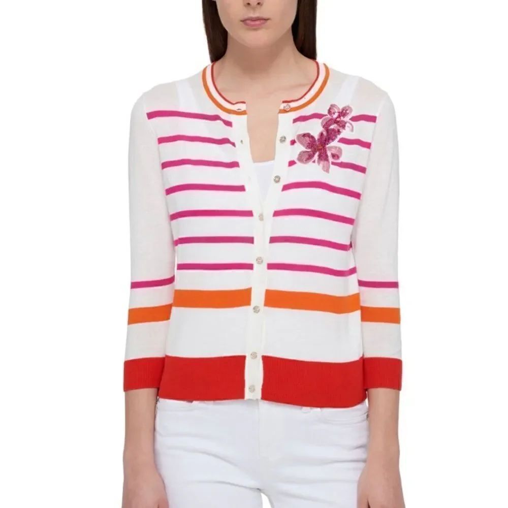 Tommy Hilfiger Button Up Striped Cardigan with Sequin Floral Patch Size XXL